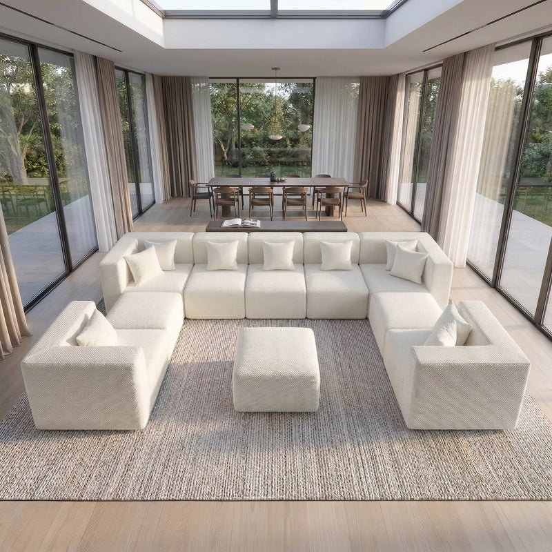 BEHOST 10 Modular Sectional Sofas for Living Room, 7 Seaters Cloud Couch with 3 Ottomans and 10 Pillows, Chenille Beige