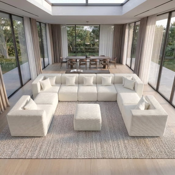 BEHOST 10-Piece Oversized Modular Sectional Sofa Set, 160" Mega U-Shaped Cloud Couch with Ottomans, Luxury Chenille Fabric Theater Seating, Extra Deep Seat Living Room Furniture, Chenille Beige