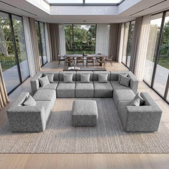 BEHOST 10-Piece Oversized Modular Sectional Sofa Set, 160" Mega U-Shaped Cloud Couch with Ottomans, Luxury Chenille Fabric Theater Seating, Extra Deep Seat Living Room Furniture, Chenille Light Gray