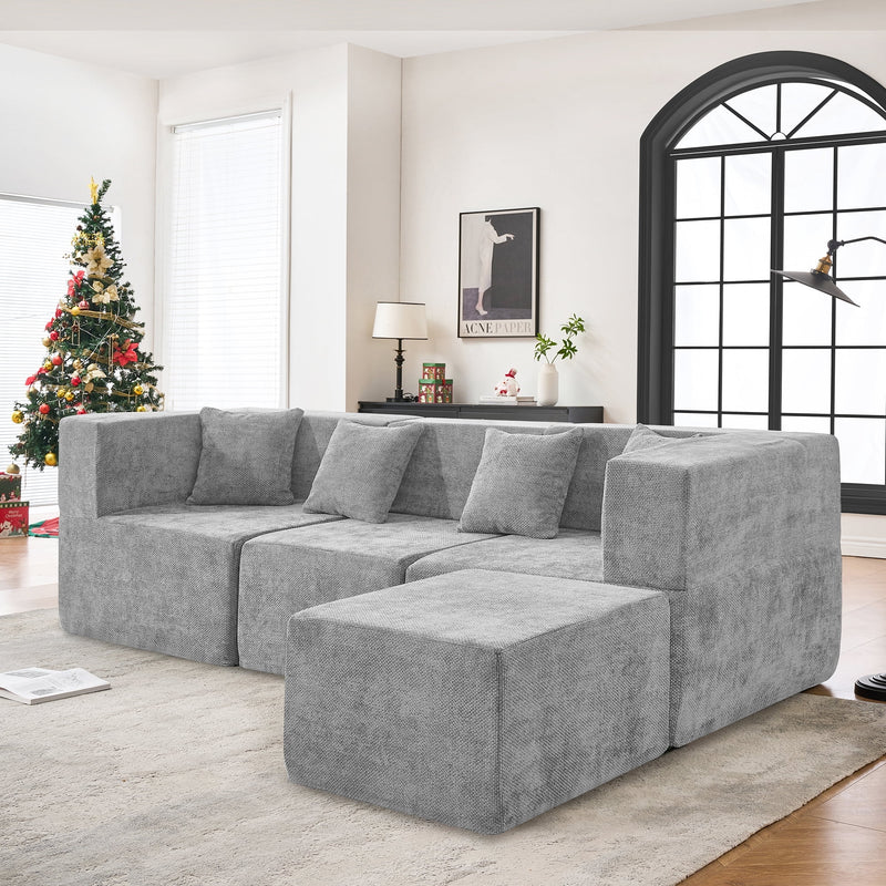 BEHOST 102.5" Gray Chenille Comfy Cloud Couch, Modular Sectional Sofa for Living Room with 4 Pillows