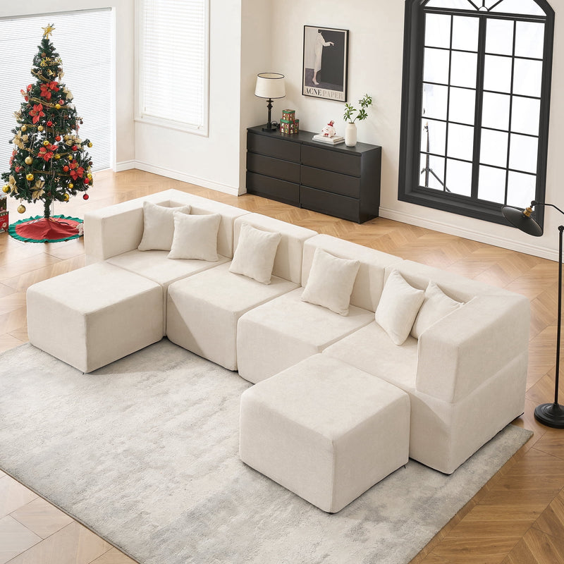 BEHOST 130" U-Shaped Modular Sectional Sofa, 6-Piece Cloud Couch with 2 Movable Ottomans, Extra Deep Seat Chenille Sleeper Sofa, Flexible Oversized Modern Sofa Set for Living Room, Beige