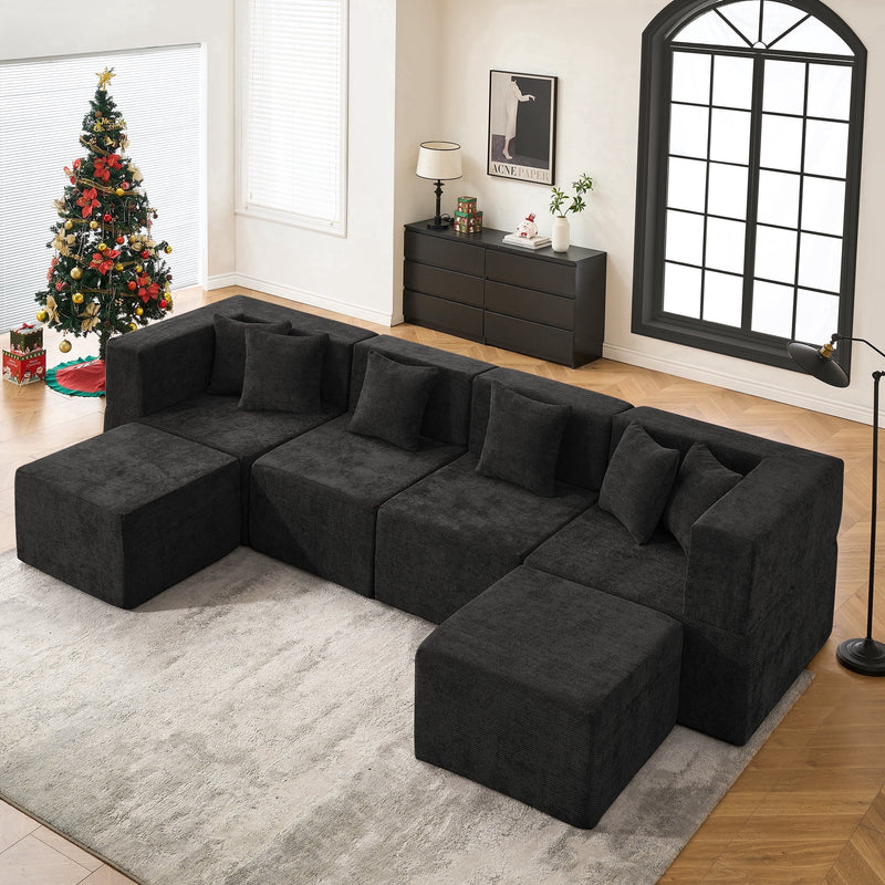 BEHOST 130" U-Shaped Modular Sectional Sofa, 6-Piece Cloud Couch with 2 Movable Ottomans, Extra Deep Seat Chenille Sleeper Sofa, Flexible Oversized Modern Sofa Set for Living Room, Black