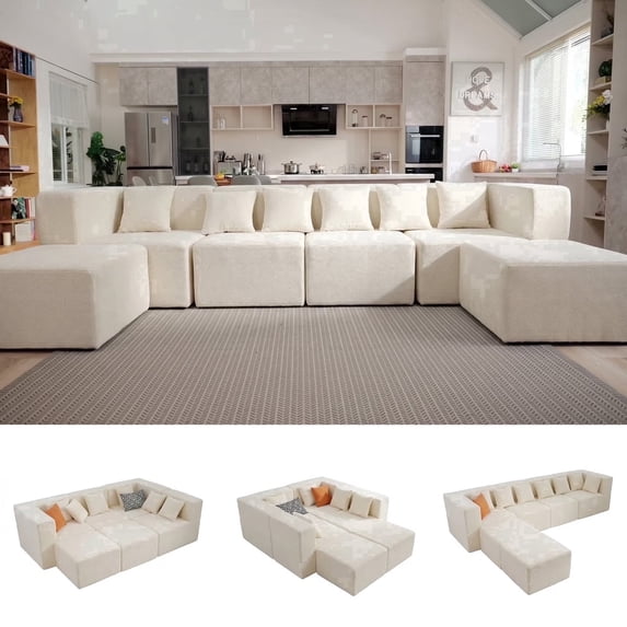 BEHOST 130" 6-Piece Modular Sectional Sofa with 2 Movable Ottomans, U-Shaped Cloud Couch for Living Room, Modern Chenille Deep Seat Sofa Set, Flexible Oversized Sleeper Couches,Beige