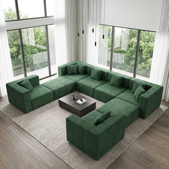 BEHOST 202.5" Modular Sectional Sofa with 2 Ottomans and 8 Pillows, 27.5" Deep Seat, No Assembly Required, Forest Green