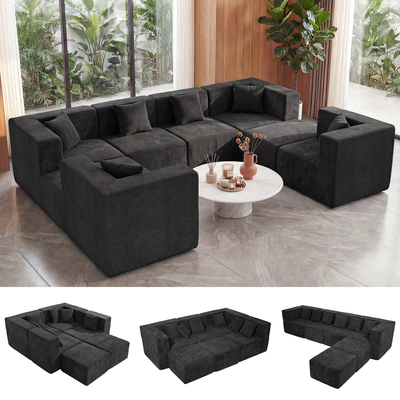 BEHOST 130" 8-Piece Modular Sectional Sofa, Boneless Cloud Couch with Extra Deep Seats, Washable Chenille Sofa Set for Living Room, Chenille Black