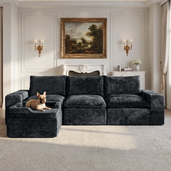 BEHOST 4-Piece 102" L-Shaped Modular Sectional Sofa, Velvet Cloud Sleeper Couch with with Dog Bed & 2 Movable Ottomans, Deep Seat Living Room Furniture Set,Dark Gray