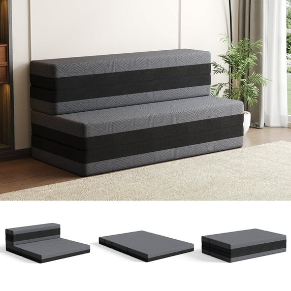 BEHOST 5-in-1 Quad-fold Convertible Sleeper Sofa Bed Single, 6" Foldable Floor Mattress Longer Chaise Ottoman Futon Sofa Couch for Apartment Dorm Guest Room Camping RV, Dark Gray