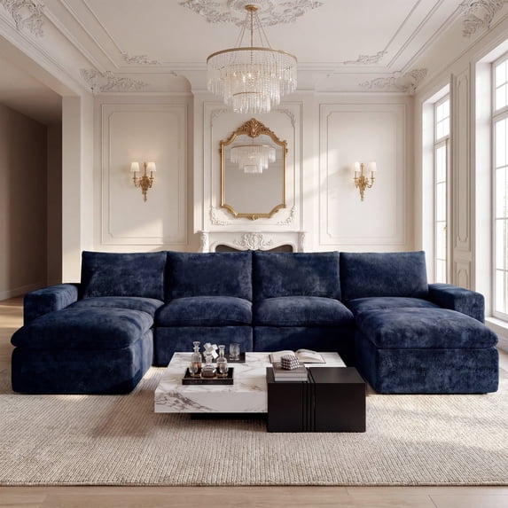 BEHOST 6-Piece 130" U-Shaped Modular Sectional Sofa, Velvet Cloud Sleeper Couch with 2 Movable Ottomans, Oversized Deep Seat Living Room Furniture Set,Navy Blue