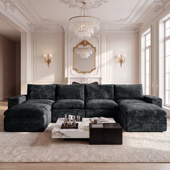 BEHOST 6-Piece 130" U-Shaped Modular Sectional Sofa, Velvet Cloud Sleeper Couch with 2 Movable Ottomans, Oversized Deep Seat Living Room Furniture Set,Dark Gray