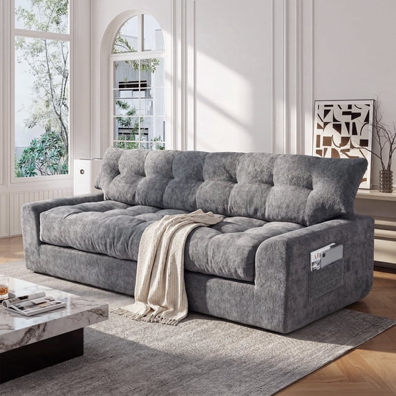 BEHOST 75.6" Chenille 3-Seater Sofa with Extra Deep Seats，Upholstered Couch with Side Storage & 2 Pillows, Cloud Sofa for Living Room，Dark Gray