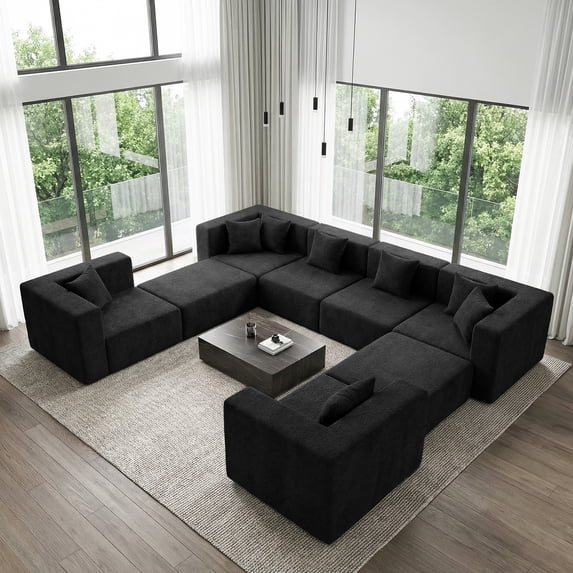 BEHOST 8-Piece Modular Sectional Sofa  202.5" Oversized Cloud Couch with Teddy Velvet  Classic Black