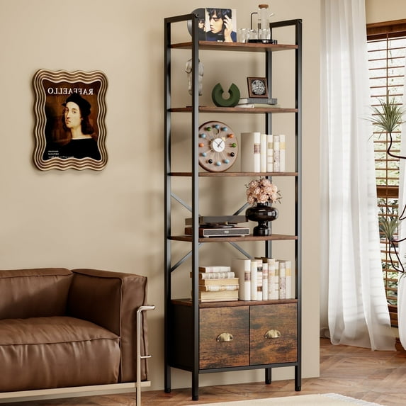 BEHOST 6-Tier Storage Rack Bookshelf with 2 Fabric Drawers, Tall Metal Frame bookcase for living room and Office, Rustic Brown
