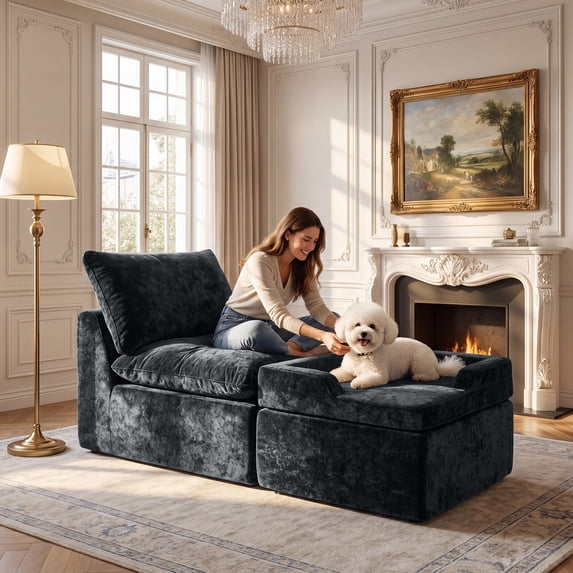 BEHOST Modular Sectional Sofa, Velvet Cloud Sleeper Couch with Ottoman & Built-in Dog Bed, Compact Sofa Bed for Living Room & Small Spaces, Dark Gray