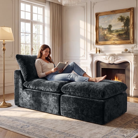 BEHOST Modular Sectional Sofa, Velvet Cloud Sleeper Couch with Ottoman & Extra Deep Seats, Compact Sofa Bed for Living Room & Small Spaces, Dark Gray