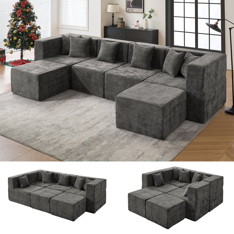 Behost 130" Oversized Modular Sectional Sofa for Living Room Furniture, Chenille Cloud Couch with Ottomans, Dark Gray