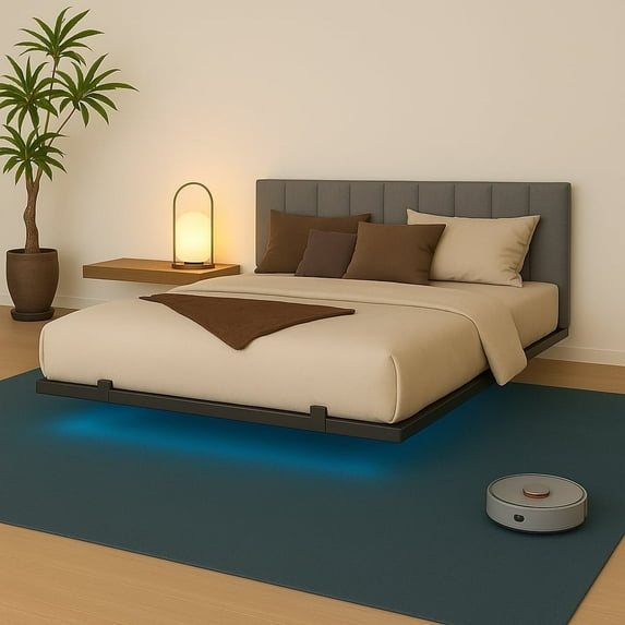 Behost Full Size Floating Bed Frame Upholstered with LED Lights and Built-in Charging Station, Metal Bed Frame, Gray