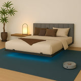 Behost Full Size Floating Bed Frame Upholstered with LED Lights and Built-in Charging Station, Metal Bed Frame, Gray
