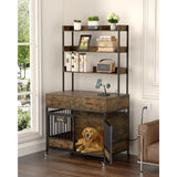 BEHOST Dog Crate with 3-Tier Storage Shelves, Dog Crates and Kennels with Wheels 2 Drawer Cabinet Power Outlet LED Light, Brown