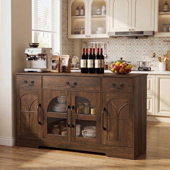 Keenstone Sideboard Buffet Cabinet, 55.1" W Expandable Desktop Storage with 2 Drawers, 4 Doors, and Adjustable Shelves, Dark Brown