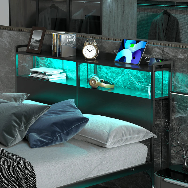 Behost Full Panel Headboard with Outlet and LED Light, Full Size Headboard with Two Storage Shelves, Black