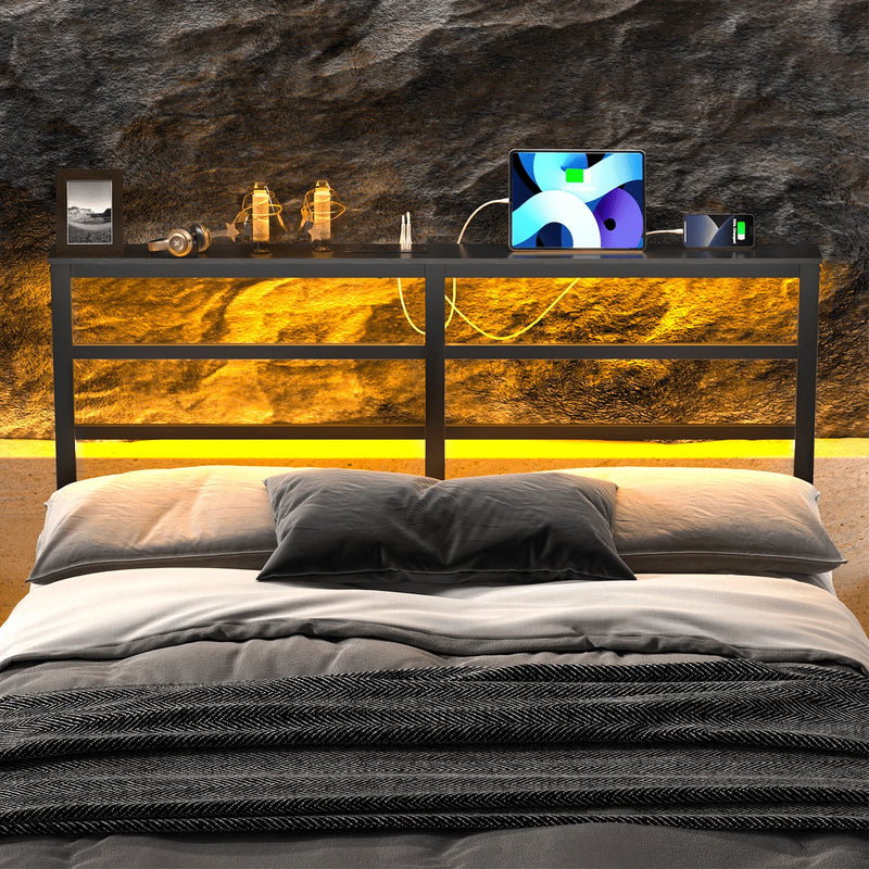 Behost Queen Size Headboard with LED Lights and Power Outlet, Sturdy and Stable Metal Storage Shelves Headboard, Black