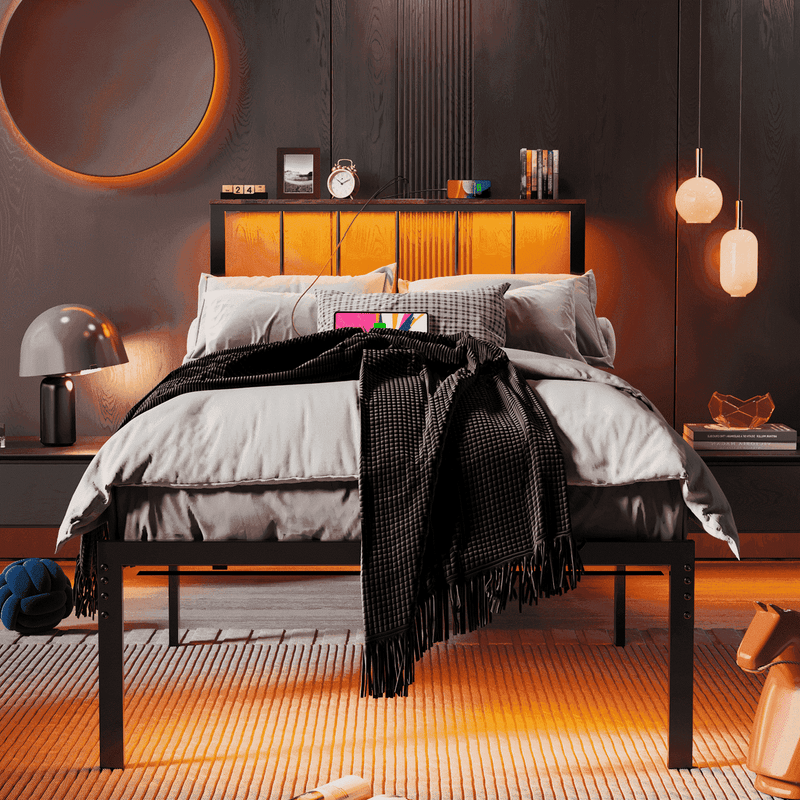 Behost Twin Bed Frame with Storage Headboard LED Lights Charging Station Adjustable Metal Frame Platform Bed Black