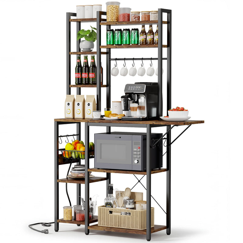 Keenstone Bakers Rack Desktop Extension with 3 Power Outlets,10 Tiers Microwave Stand Coffee Bar Kitchen Storage Rack with Wire Basket,14 Hooks,Rustic Brown