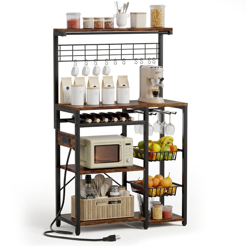 Keenstone Bakers Rack with 3 Power Outlets, 5 Tiers Microwave Stand coffee bar Kitchen Storage Rack with 2 Wire Basket, Wine Rack,Rustic Brown