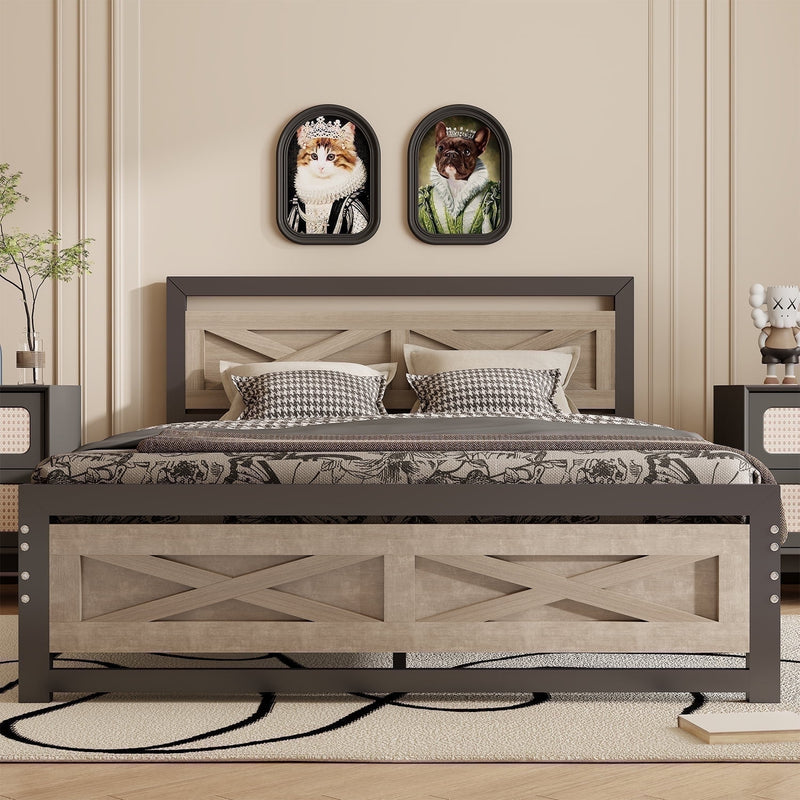 Behost Full Size Bed Frame, Farmhouse Wood Metal Platform Full Bed Frame with Headboard and 11" Underbed Storage