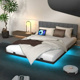 Behost Queen Size Bed Frame Floating Platform Upholstered with LED Lighting and Built-in Charging Station, Metal Frame, Gray
