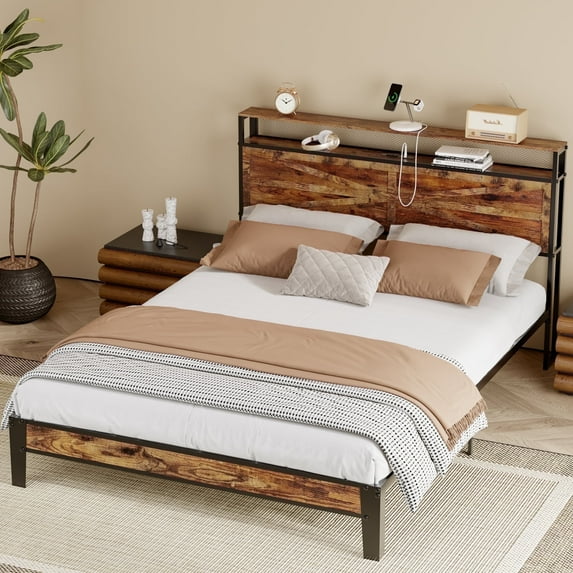BEHOST Twin Bed Frame Heavy Duty Metal Platform with Headboard Shelf USB and Power Outlets Vintage Brown