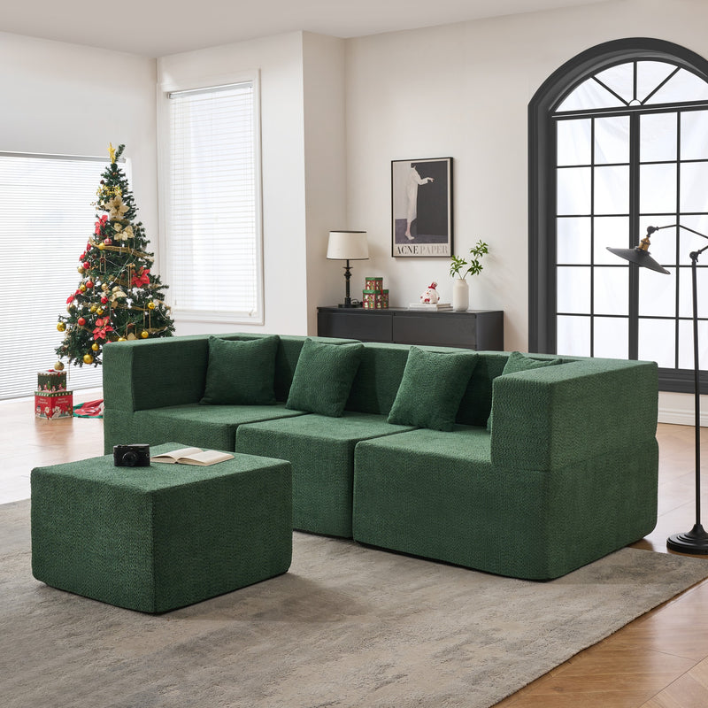102.5" L-Shaped Cloud Couch Modular Sectional Sofa for Living Room, Dark Green Boucle Fabric Sofa Couch with Ottoman and 4 Pillows, No Assembly