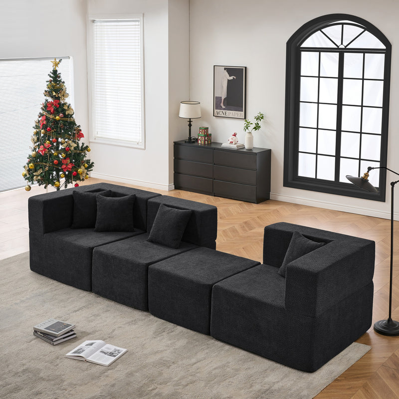 102.5" L-Shaped Cloud Couch Modular Sectional Sofa for Living Room, Black Boucle Fabric Sofa Couch with Ottoman and 4 Pillows, No Assembly