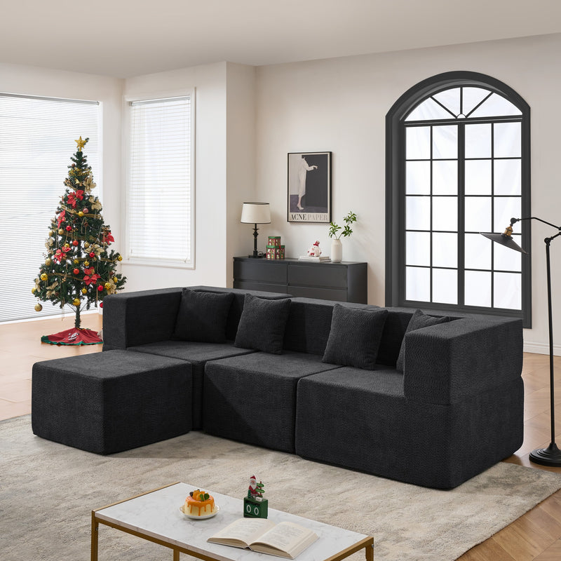102.5" L-Shaped Cloud Couch Modular Sectional Sofa for Living Room, Black Boucle Fabric Sofa Couch with Ottoman and 4 Pillows, No Assembly