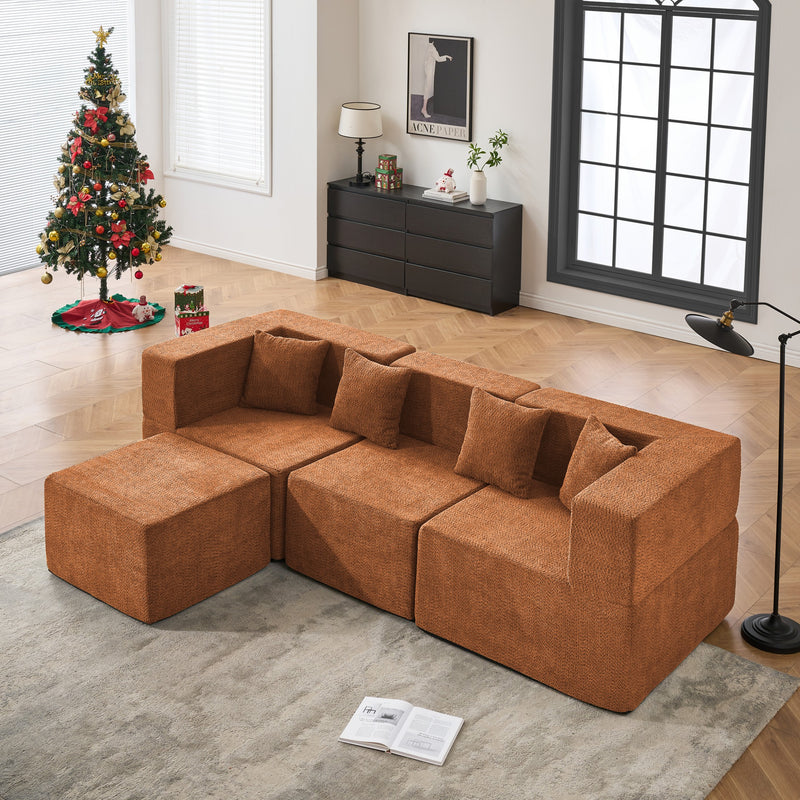 BEHOST Red 102.5" L-Shaped Cloud Couch Modular Sectional Sofa for Living Room, Red Teddy Fabric Sofa Couch with Ottoman and 4 Pillows, No Assembly