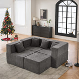 BEHOST Dark Gray 102.5" L-Shaped Cloud Couch Modular Sectional Sofa for Living Room, Black Teddy Fabric Sofa Couch with Ottoman and 4 Pillows, No Assembly