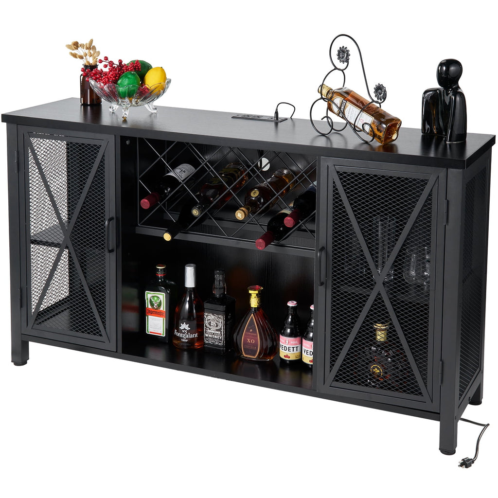 Industrial Wine Bar Cabinet Coffee Bar for Liquor and Glasses, Farmhouse Liquor Cabinet Home Dining, Kitchen Sideboard Buffet Cabinet with Wine Rack Storage, Vintage Oak - Black