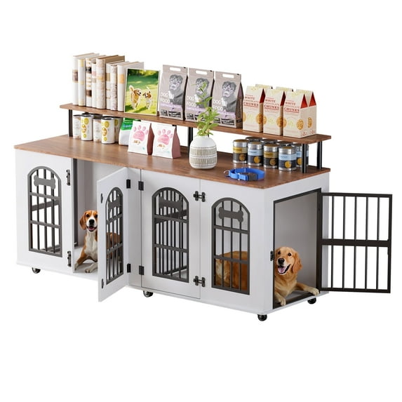 Behost 71" Double Dog Crate Furniture Dog Cage for Large Dogs, Heavy Duty Indoor Dog Kennel with Removable Divider Lockable Wheels