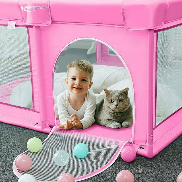Safety Baby Playpen for Toddler, 61 x 49" Large Collapsible Foldable Baby Playard Pen Gate for 0-6 Years, Travel, Camping Essentials, Indoor, Outdoor - Pink