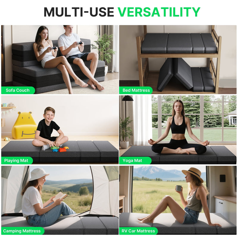 6-inch Queen Size 5-in-1 Quad-fold Convertible Sleeper Sofa Bed, Foldable Floor Mattress Longer Chaise Ottoman Futon Sofa Couch for Apartment Dorm Guest Room Camping RV, Dark Gray