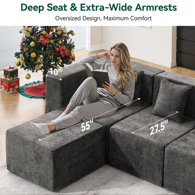 Behost 130" Oversized Modular Sectional Sofa for Living Room Furniture, Chenille Cloud Couch with Ottomans, Dark Gray