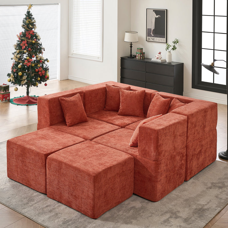 BEHOST 130" U-Shaped Modular Sectional Sofa, 6-Piece Cloud Couch with 2 Movable Ottomans, Extra Deep Seat Chenille Sleeper Sofa, Flexible Oversized Modern Sofa Set for Living Room,Rust Red