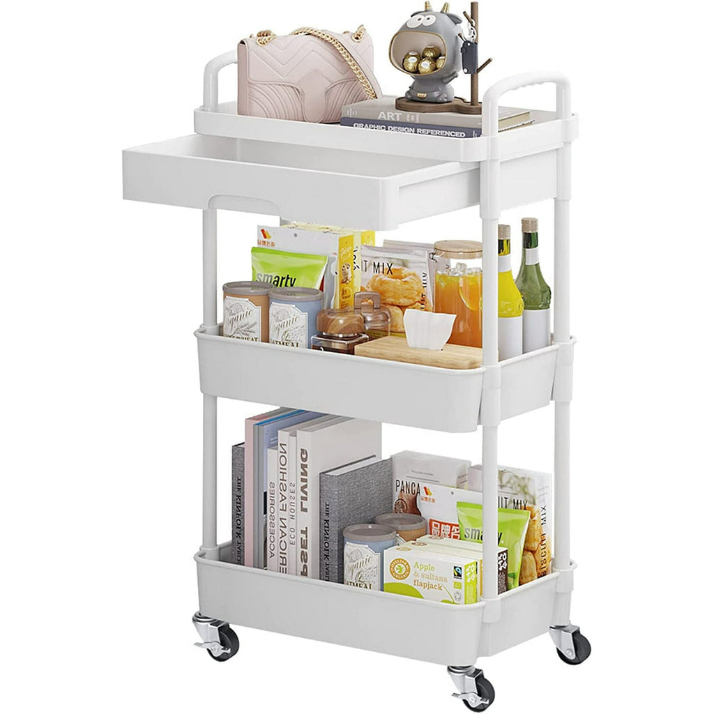 MONVANE 3-Tier Rolling Utility Cart with Drawer,Multifunctional Storage Organizer with Plastic Shelf & Metal Wheels,Storage Cart for Kitchen,Bathroom,Living Room,Office, White