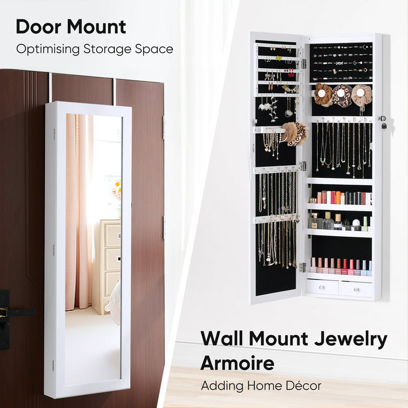 BEHOST Door Mounted Jewelry Armoire Organizer with Makeup Storage & Full-Length Mirror Jewelry Cabinet with LED Lights