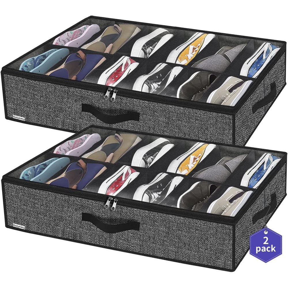 MONVANE Sturdy Underbed Shoe Organizer, 2-Piece Set, Totals 24 Pairs of Shoes, Underbed Shoe Organizer Storage Solution with Clear Windows, Breathable, Black