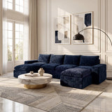 BEHOST 6-Piece 130" U-Shaped Modular Sectional Sofa, Velvet Cloud Sleeper Couch with 2 Movable Ottomans, Oversized Deep Seat Living Room Furniture Set,Navy Blue