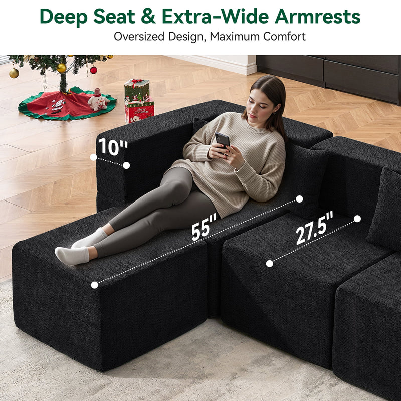 BEHOST 102.5" L Shaped Modular Sectional Sofa with Extra Deep Seats, Cloud Couch for Small Living Room,Teddy Black