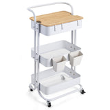 MONVANE 3 Tier Utility Rolling Cart with Cover Board, Rolling Storage Cart with Handle and Locking Wheels Kitchen Cart with 2 Small Baskets and 4 Hooks for Bathroom Office Balcony Living Room, White