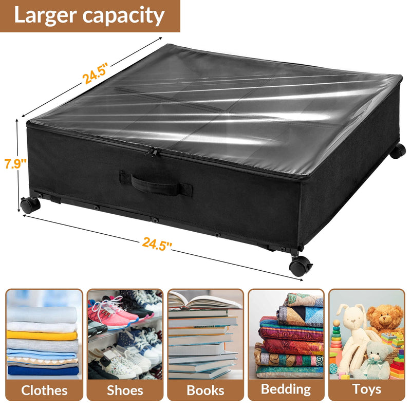 Keenstone 2 Pack Under Bed Storage with Wheels, 156L Metal Underbed Storage Containers with Clear Window, Under Bed Shoe Storage Organizer for Clothes,Shoes, Blankets-Black