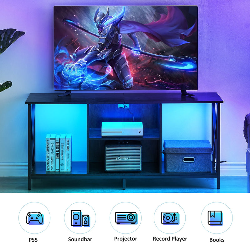 Behost TV Stand for TV up to 65 inches, TV Console Table with Led Lights & Power Outlets, Black